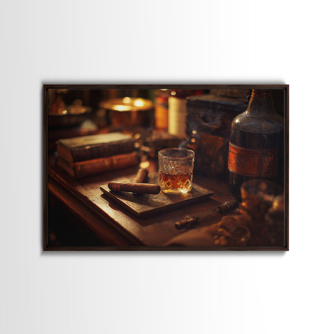 Dark Moody Cigar and Whiskey Still Life Framed Canvas Print, Bar Art, Statement Artwork, Bar Decor, Fine Art, BAR-3x2-85