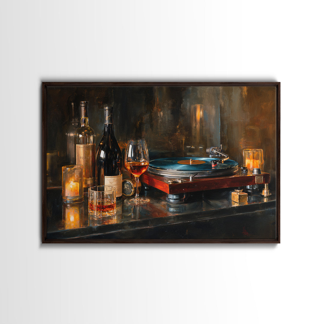 Wine and Record Player Lounge Still Life Canvas Print, Bar Art, Boho Decor, Bar Decor, Oil Painting, Art Print, BAR-3x2-89