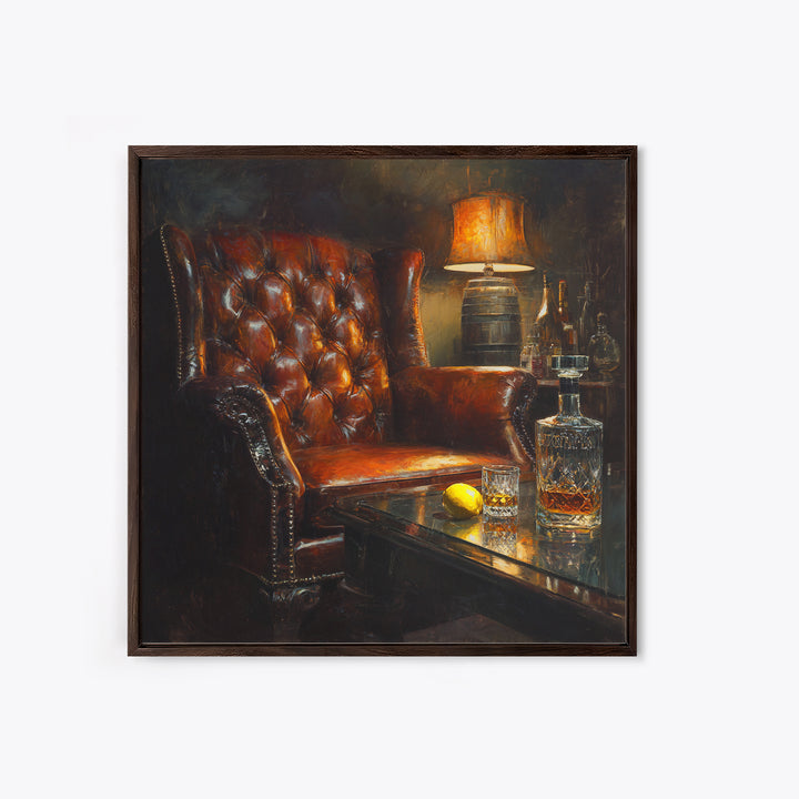Whiskey Barrel and Leather Chair Mood Painting Canvas Print, Basement Art, Original Art Prints, Living Room Decor, Retreat, BAS-1x1-34