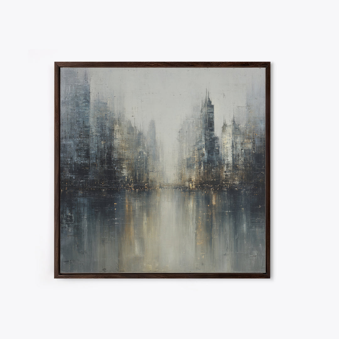 Dark Abstract City Skyline Framed Canvas Print, Basement Art, Western Decor, Living Room Decor, Retreat, Rustic Wall Art, BAS-1x1-7
