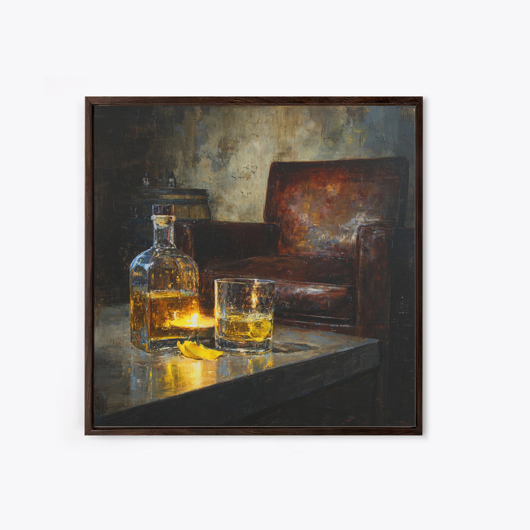 Whiskey Barrel and Leather Chair Mood Painting Canvas Print, Basement Art, Neutral Decor, Living Room Decor, Oil Painting, BAS-1x1-82