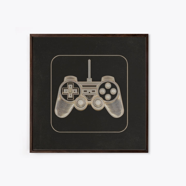 Neon Game Controller Icon on Black Background Framed Canvas Print, Basement Art, Luxury Decor, Living Room Decor, Oil Painting, BAS-1x1-93
