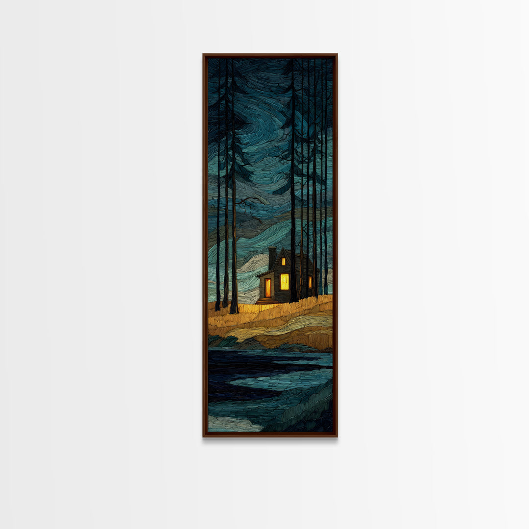 Forest Cabin Night Scene Canvas Print, Basement Art, Canvas, Living Room Decor, Retreat, Bar Art, Digital Art Download, BAS-1x3-27