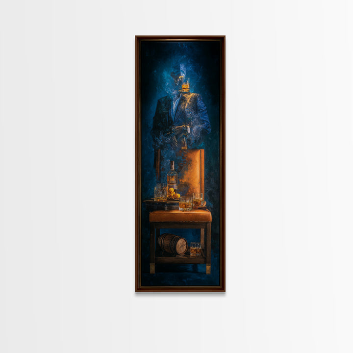 Whiskey Barrel and Leather Chair Mood Painting Framed Canvas Print, Basement Art, Game Room Decor, Living Room Decor, Retreat, BAS-1x3-46