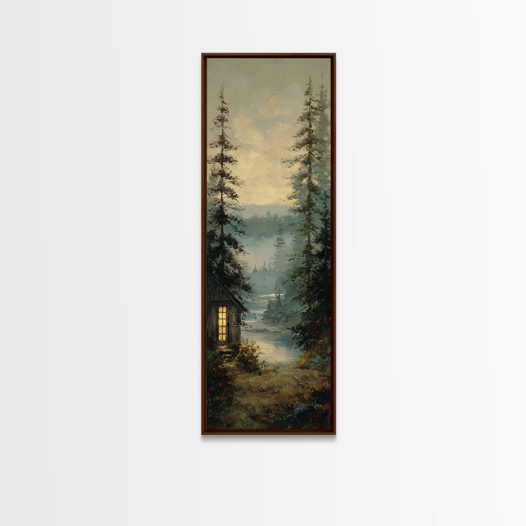 Forest Cabin Night Scene Canvas Print, Basement Art, Bar Decor, Living Room Decor, Fine Art, Retreat, Game Room Decor, BAS-1x3-51
