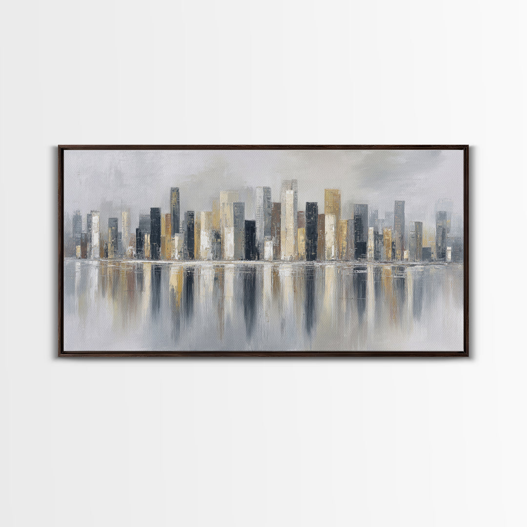 Dark Abstract City Skyline Framed Canvas Print, Basement Art, Western Decor, Living Room Decor, Retreat, Rustic Wall Art, BAS-2x1-3