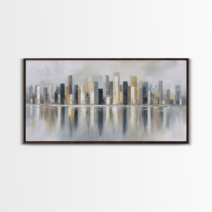 Dark Abstract City Skyline Framed Canvas Print, Basement Art, Western Decor, Living Room Decor, Retreat, Rustic Wall Art, BAS-2x1-3