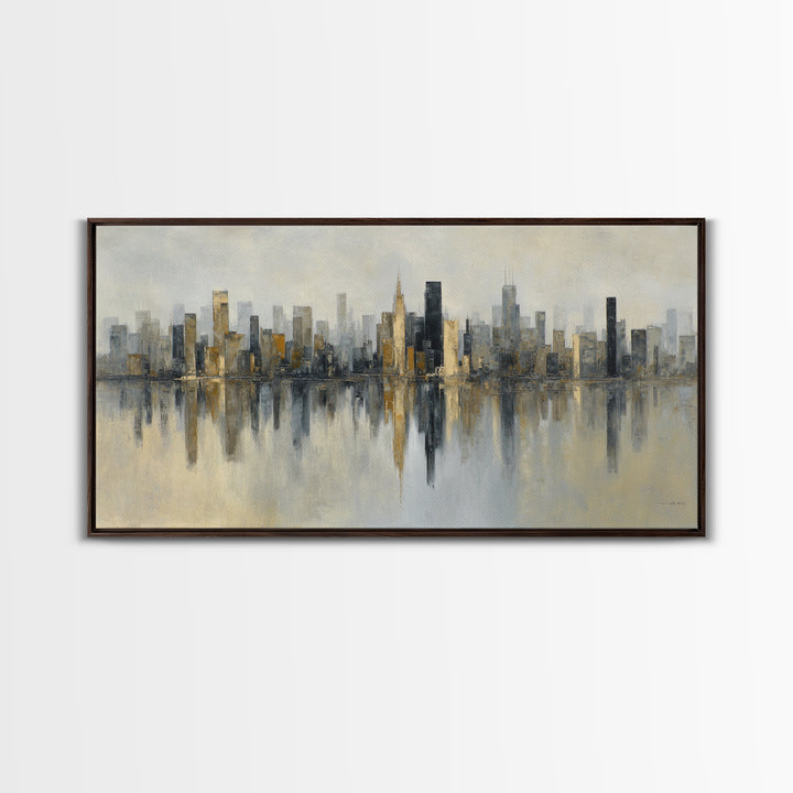 Dark Abstract City Skyline Framed Canvas Print, Basement Art, Digital Art Prints, Living Room Decor, Abstract Art, Retreat, BAS-2x1-51