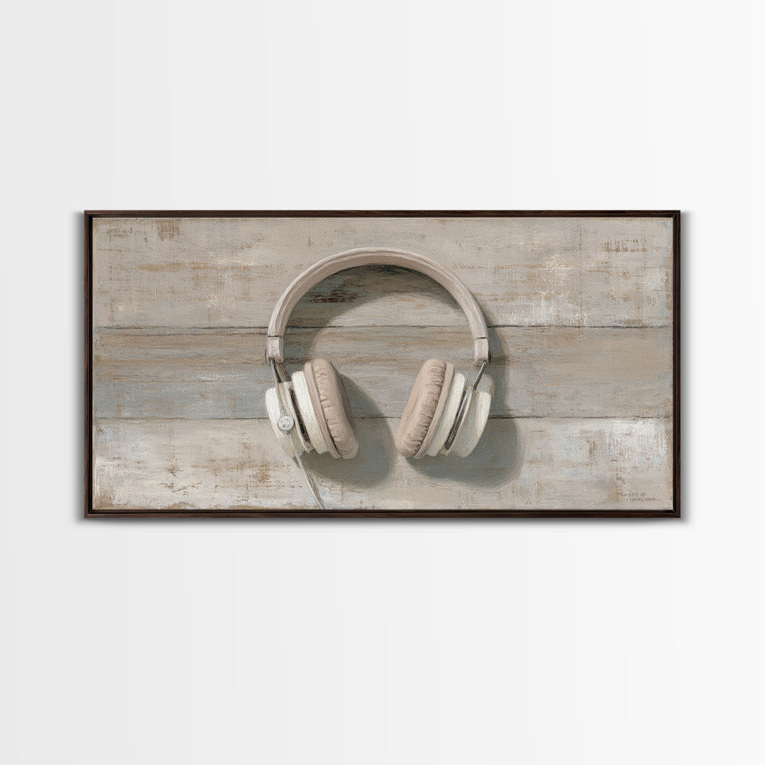 Vinyl Record and Headphones on Worn Wood Canvas Print, Basement Art, Classroom Decor, Living Room Decor, Oil Painting, Retreat, BAS-2x1-53