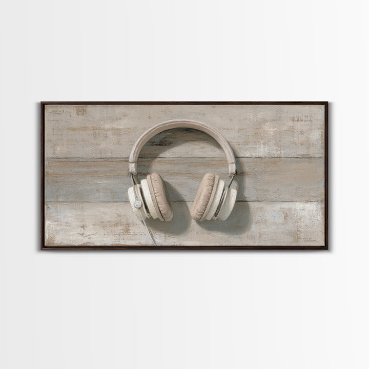 Vinyl Record and Headphones on Worn Wood Canvas Print, Basement Art, Classroom Decor, Living Room Decor, Oil Painting, Retreat, BAS-2x1-53
