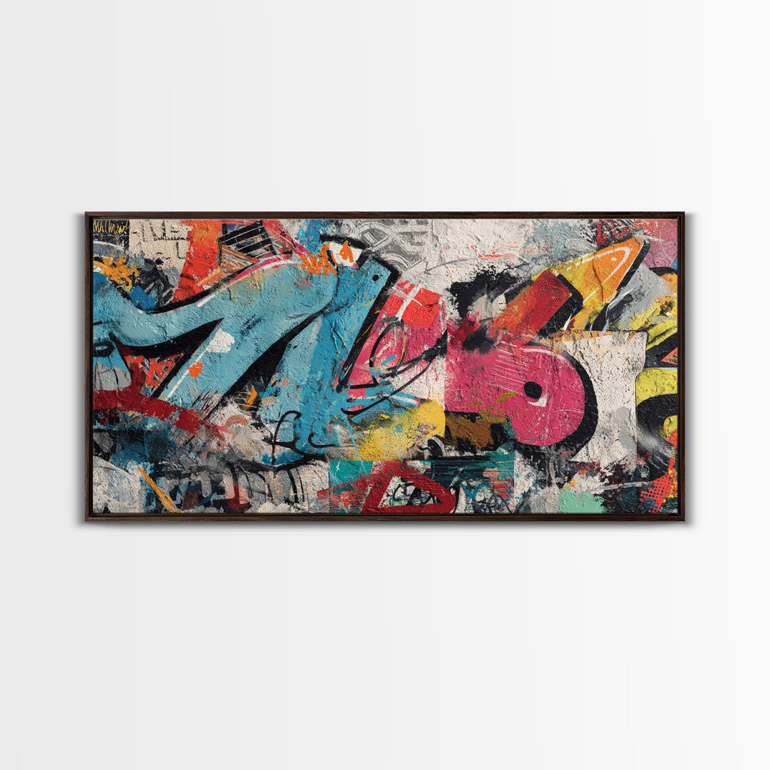 Urban Brick Graffiti Panel Framed Canvas Print, Basement Art, Game Room Decor, Living Room Decor, Fine Art, Retreat, BAS-2x1-67