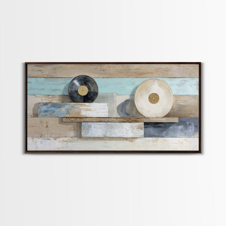 Vinyl Record and Headphones on Worn Wood Canvas Print, Basement Art, Classroom Decor, Living Room Decor, Oil Painting, Retreat, BAS-2x1-77