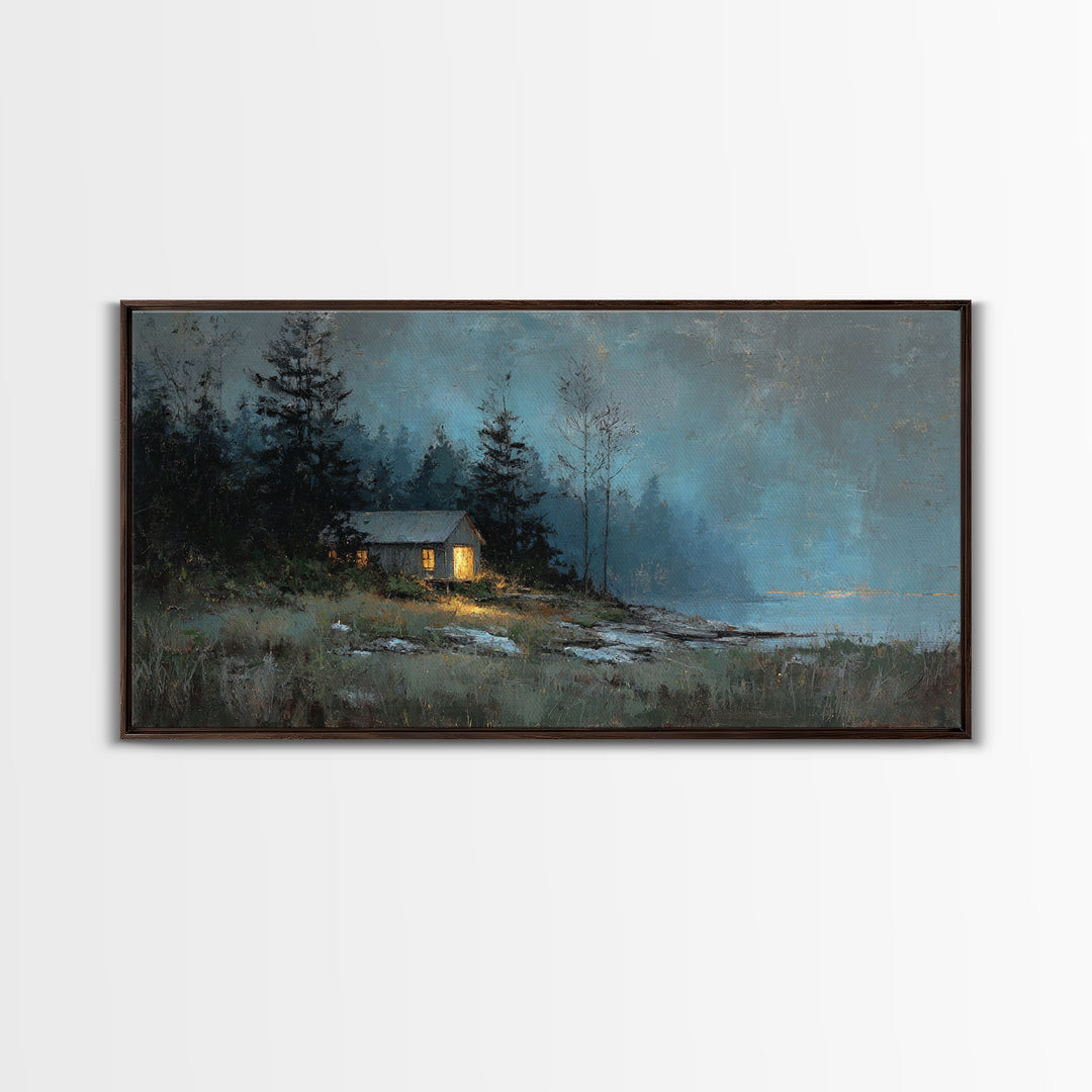 Forest Cabin Night Scene Framed Canvas Print, Basement Art, Contemporary Art, Living Room Decor, Oil Painting, Retreat, BAS-2x1-83