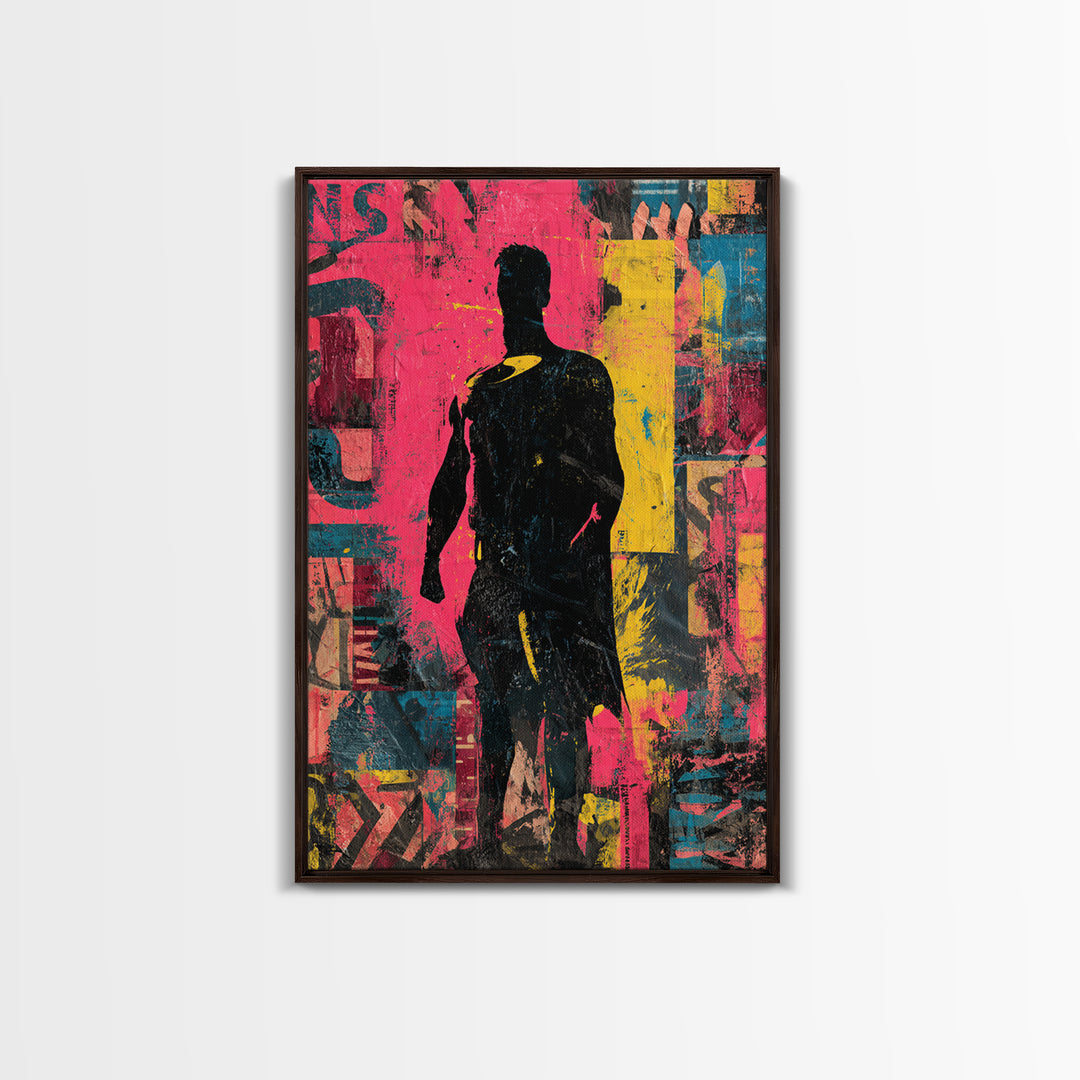 Comic Book Hero Silhouette Framed Canvas Print, Basement Art, Neutral Decor, Living Room Decor, Fine Art, Retreat, Wall Art, BAS-2x3-19