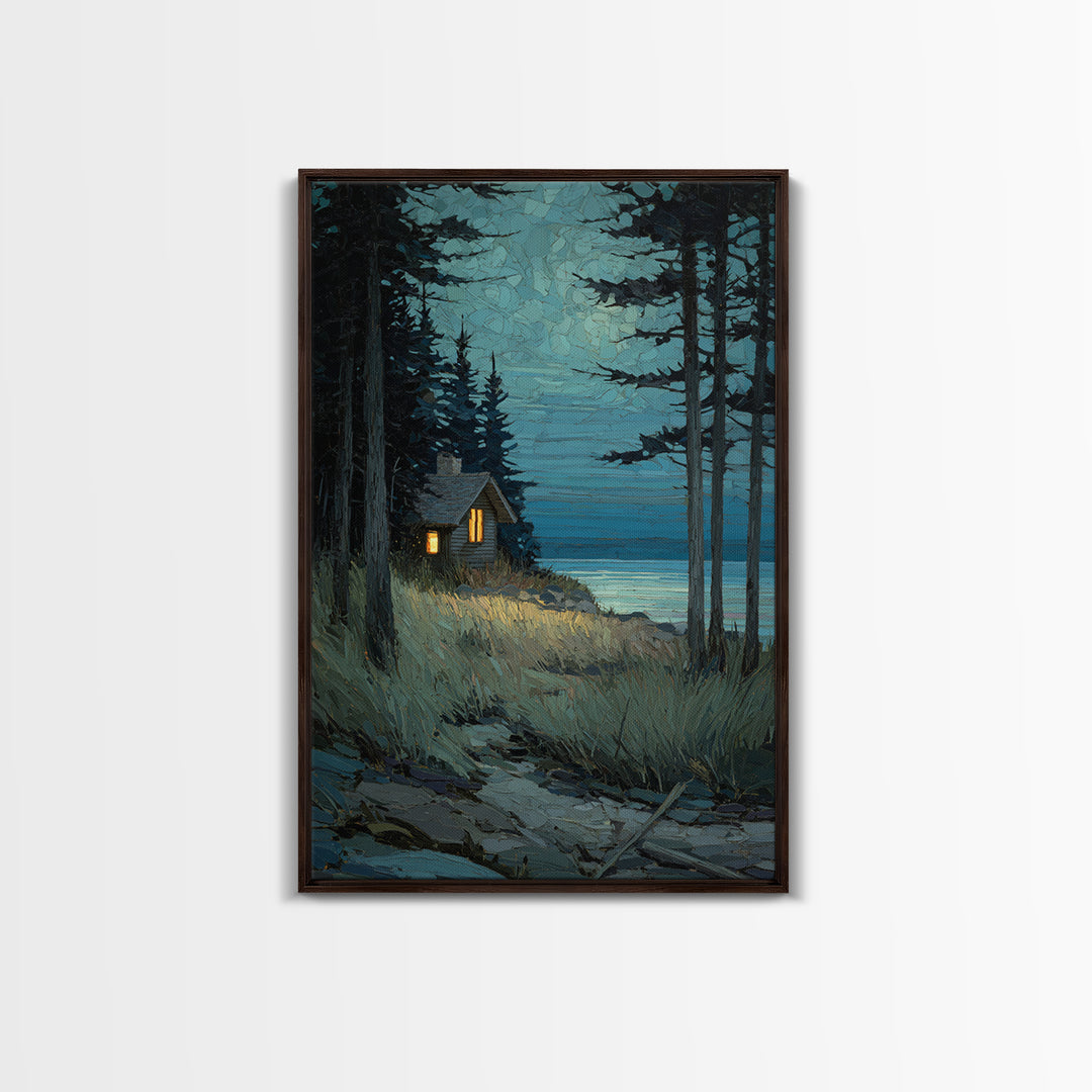 Forest Cabin Night Scene Canvas Print, Basement Art, Oil Painting, Living Room Decor, Retreat, Man Cave Decor, Bar Wall Art, BAS-2x3-71