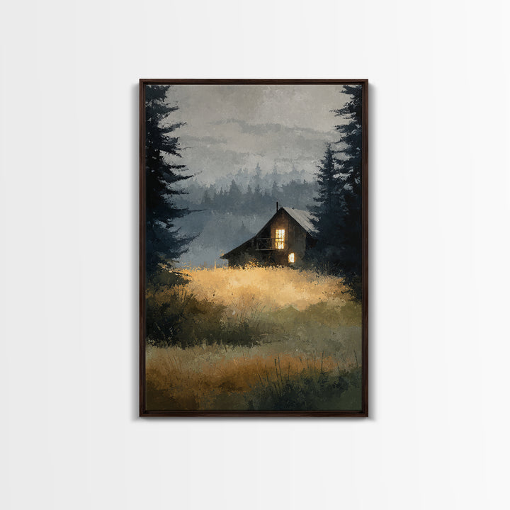 Forest Cabin Night Scene Canvas Print, Basement Art, Digital Art Download, Living Room Decor, Retreat, Steampunk Wall Art, BAS-2x3-95
