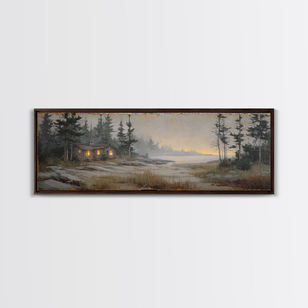 Forest Cabin Night Scene Canvas Print, Basement Art, Luxury Decor, Living Room Decor, Fine Art, Retreat, Oil Painting, BAS-3x1-31