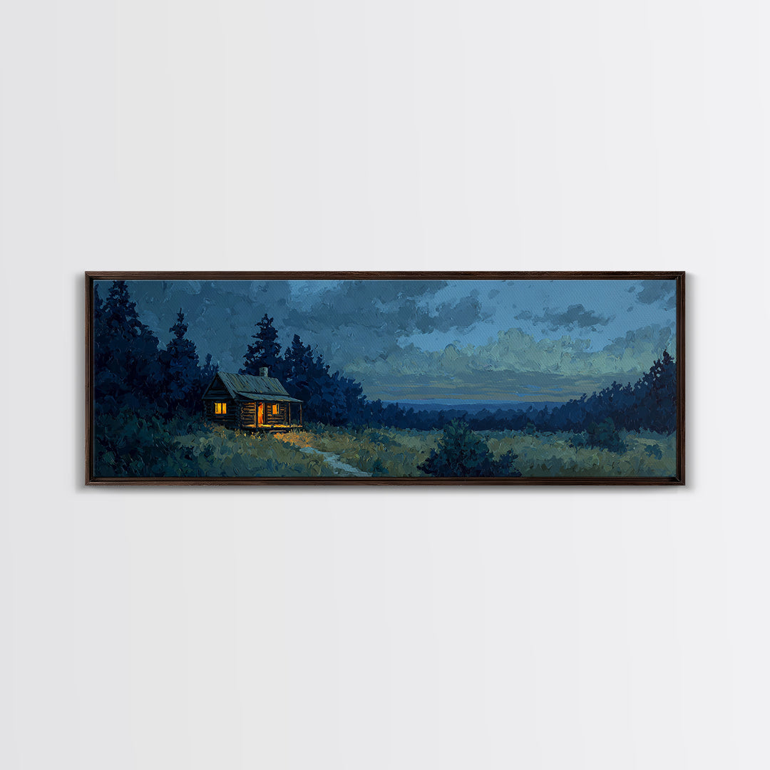 Forest Cabin Night Scene Framed Canvas Print, Basement Art, Contemporary Art, Living Room Decor, Oil Painting, Retreat, BAS-3x1-55