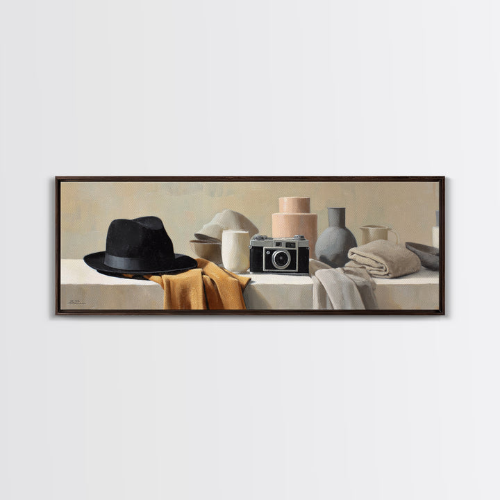 Noir Detective Hat and Camera Still Life Framed Canvas Print, Basement Art, Wall Art, Living Room Decor, Fine Art, Retreat, BAS-3x1-59