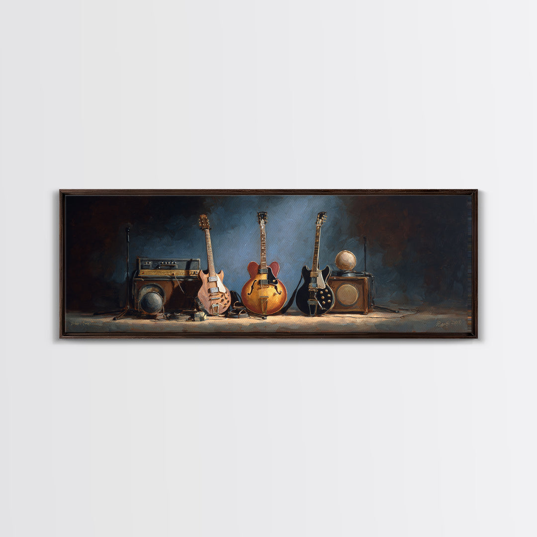 Classic Rock Guitar Still Life Framed Canvas Print, Basement Art, Cocktail Art, Living Room Decor, Fine Art, Retreat, BAS-3x1-69