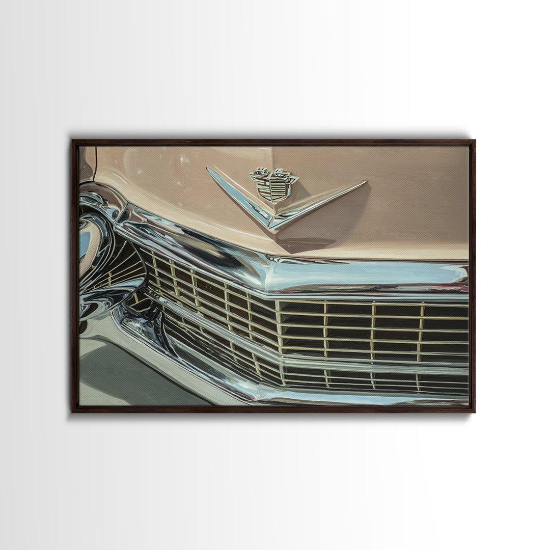 Classic Car Front Grill Closeup Framed Canvas Print, Basement Art, Bar Decor, Living Room Decor, Oil Painting, Retreat, BAS-3x2-50