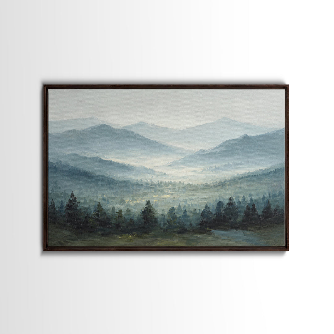 Moody Mountain Landscape for a Cozy Lounge Framed Canvas Print, Basement Art, Original Art Prints, Living Room Decor, Retreat, BAS-3x2-79