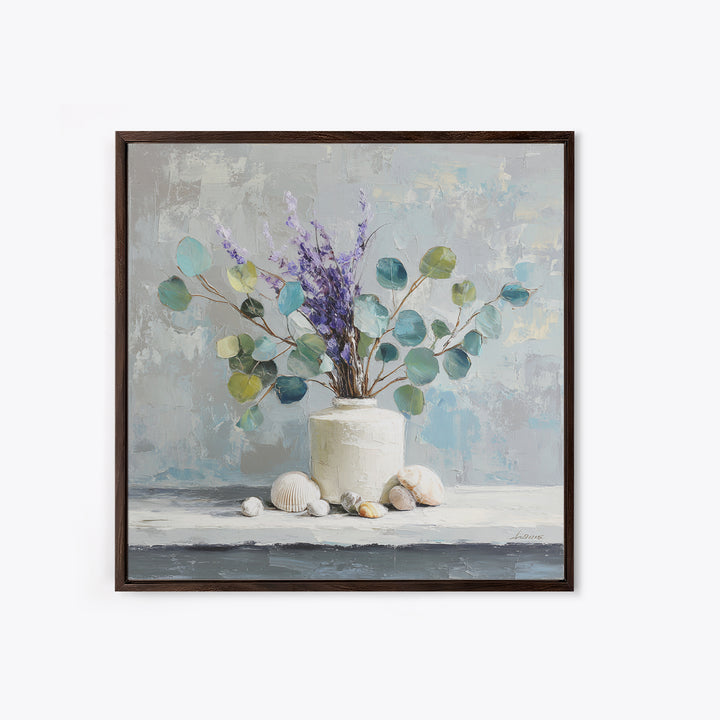 Lavender Sprigs in a Ceramic Vase Framed Canvas Print, Bathroom Art, Digital Art, Bathroom Decor, Fine Art, Spa, Dopamine Decor, BAT-1x1-12