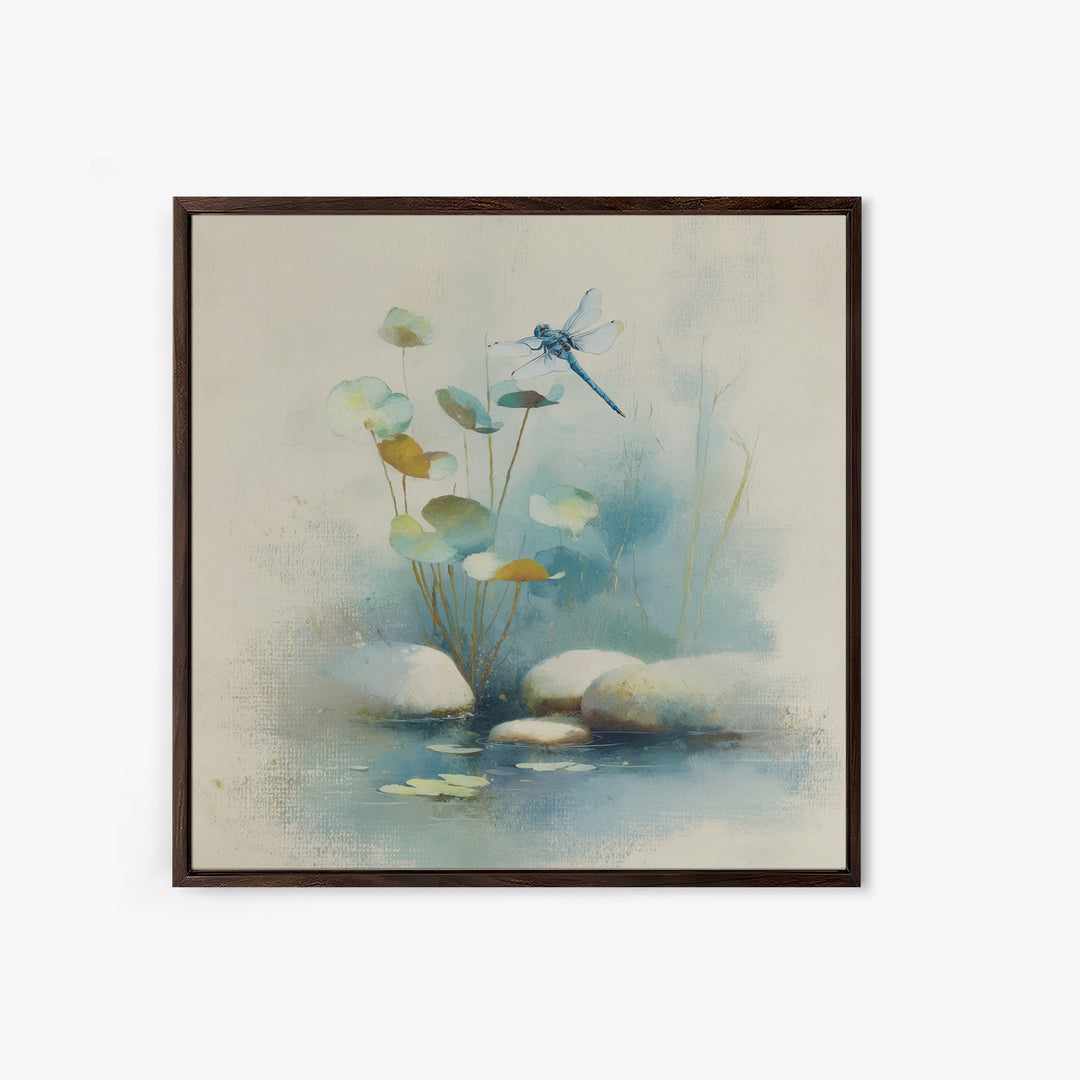Delicate Dragonfly Above a Pond Surface Framed Canvas Print, Bathroom Art, Modern Art, Bathroom Decor, Fine Art, Spa, BAT-1x1-24