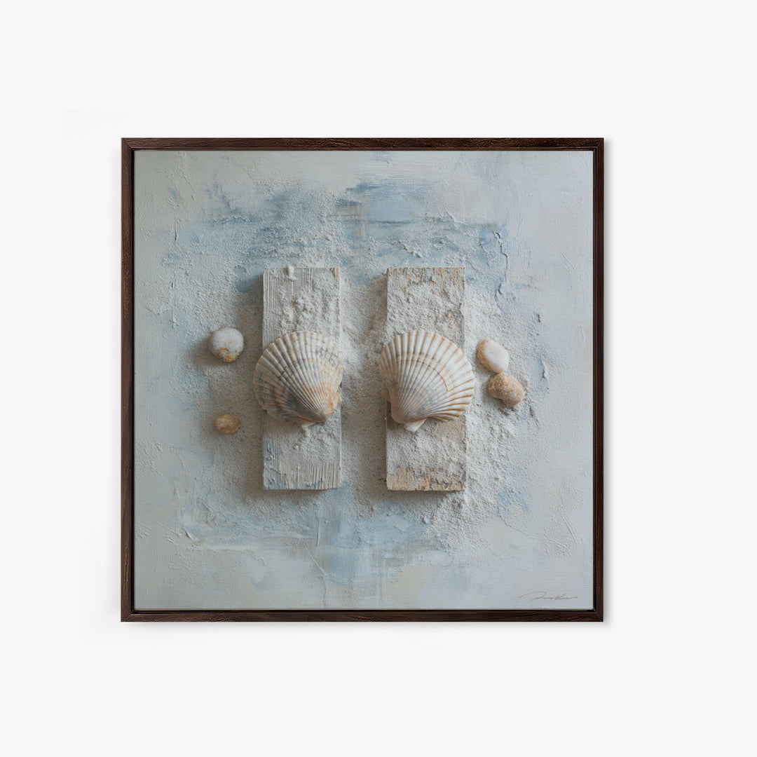 Minimal Seashell Still Life on Pale Sand Framed Canvas Print, Bathroom Art, Canvas Wall Art, Bathroom Decor, Fine Art, Spa, BAT-1x1-27