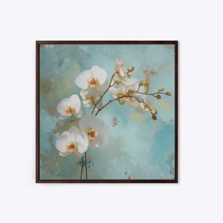 White Orchid on Warm Stone Background Framed Canvas Print, Bathroom Art, Bathroom Decor, Oil Painting, Spa, Modern Wall Art, BAT-1x1-28