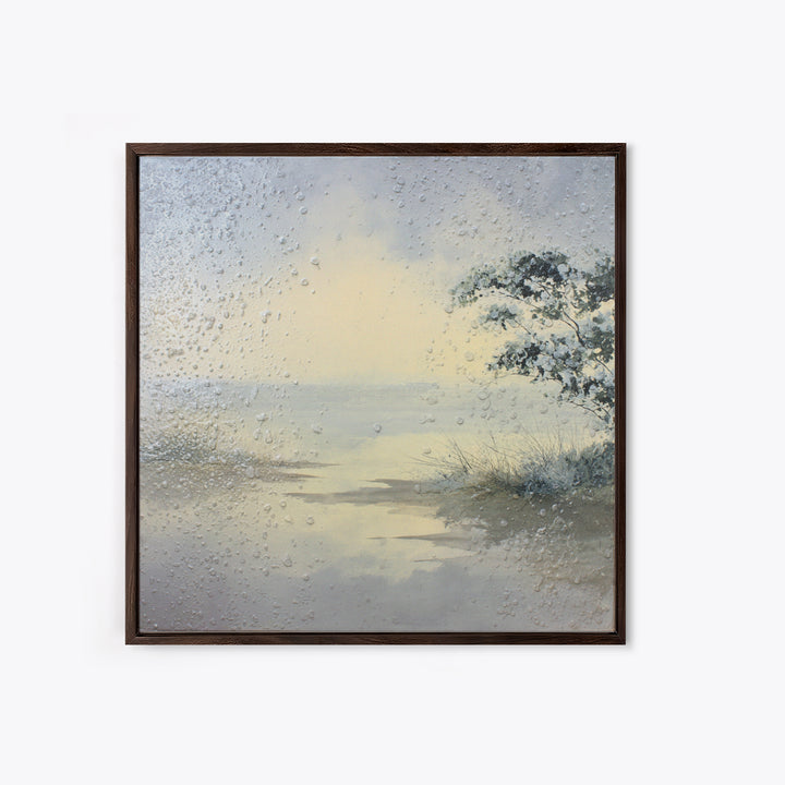 Misty Lake Scene Framed Canvas Print, Bathroom Art, Trendy Wall Art, Bathroom Decor, Fine Art, Spa, Textured Painting, BAT-1x1-57