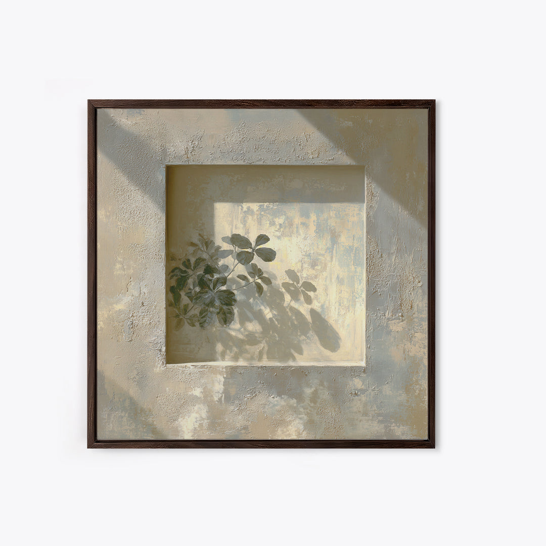Sunlit Window Plant Shadow on Plaster Framed Canvas Print, Bathroom Art, Unique Wall Art, Bathroom Decor, Abstract Art, Spa, BAT-1x1-66