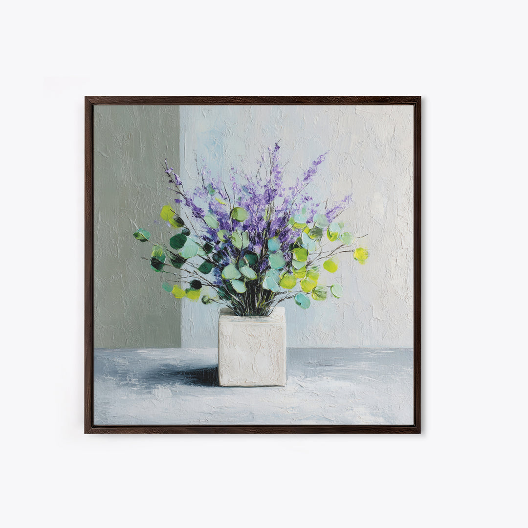 Lavender Sprigs in a Ceramic Vase Framed Canvas Print, Bathroom Art, Bathroom Wallpaper, Bathroom Decor, Abstract Art, Spa, BAT-1x1-84