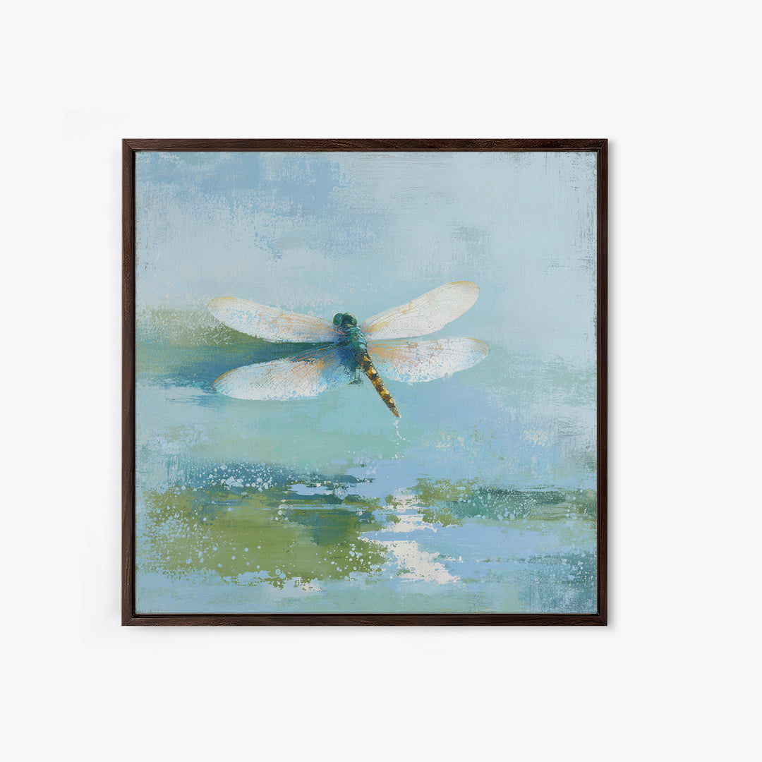 Delicate Dragonfly Above a Pond Surface Framed Canvas Print, Bathroom Art, Poster, Bathroom Decor, Fine Art, Spa, Digital Print, BAT-1x1-96