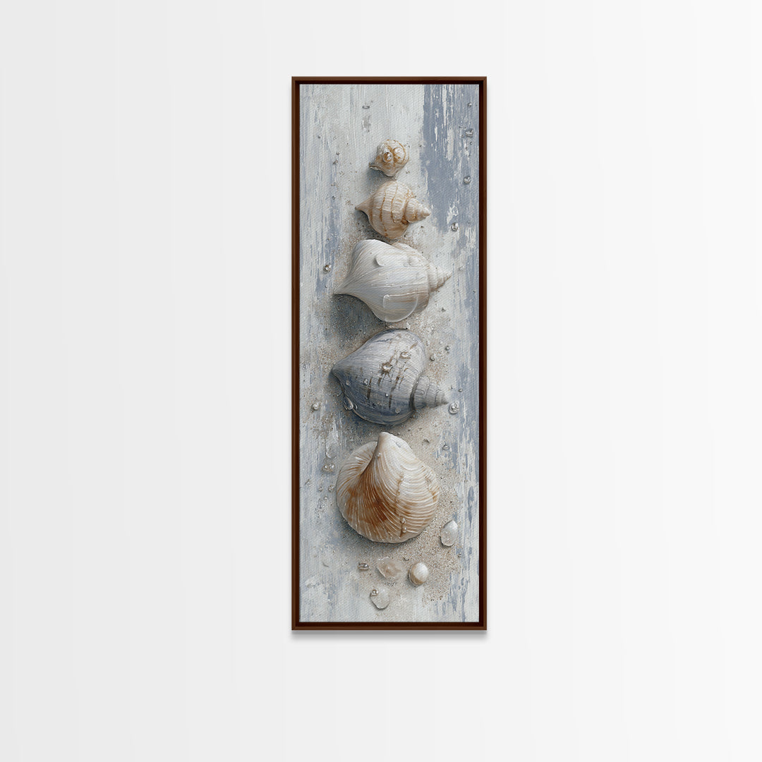 Minimal Seashell Still Life on Pale Sand Framed Canvas Print, Bathroom Art, Statement Artwork, Bathroom Decor, Abstract Art, BAT-1x3-15