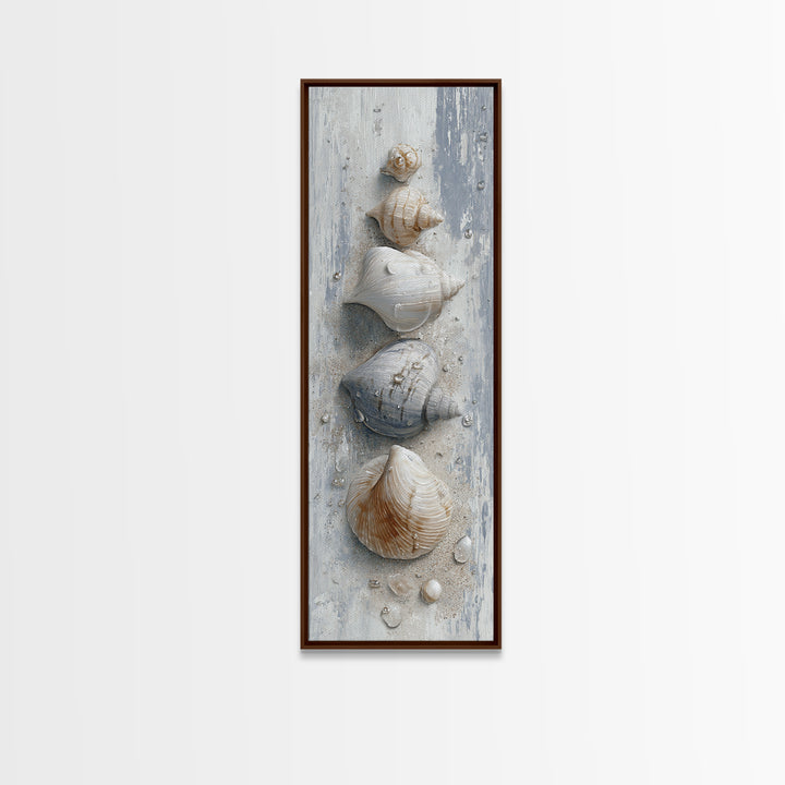 Minimal Seashell Still Life on Pale Sand Framed Canvas Print, Bathroom Art, Statement Artwork, Bathroom Decor, Abstract Art, BAT-1x3-15