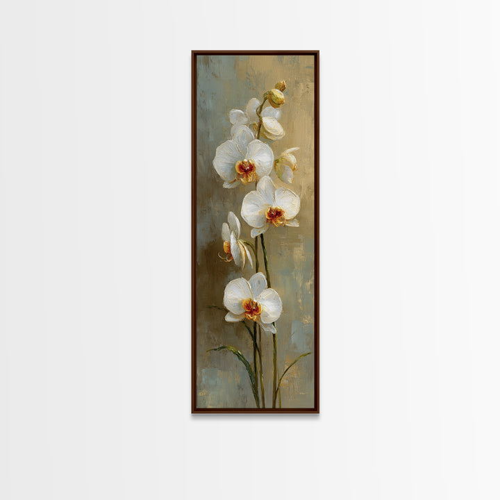 White Orchid on Warm Stone Background Framed Canvas Print, Bathroom Art, Home Decor, Bathroom Decor, Spa, Canvas Wall Art, BAT-1x3-64