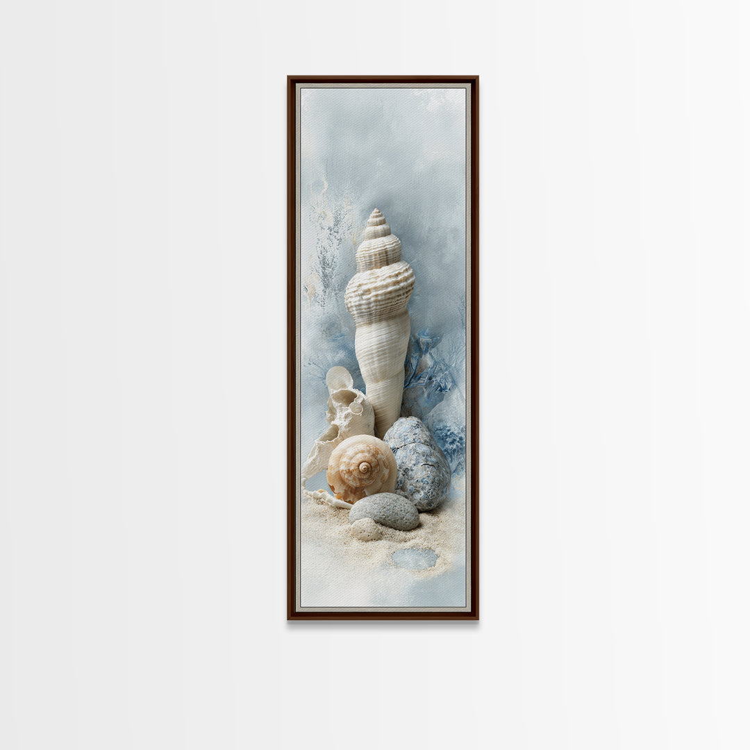 Minimal Seashell Still Life on Pale Sand Framed Canvas Print, Bathroom Art, Canvas Wall Art, Bathroom Decor, Fine Art, Spa, BAT-1x3-87