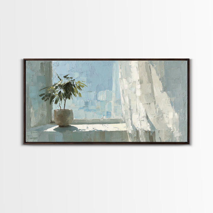 Sunlit Window Plant Shadow on Plaster Framed Canvas Print, Bathroom Art, Bathroom Print, Bathroom Decor, Watercolor Art, Spa, BAT-2x1-14