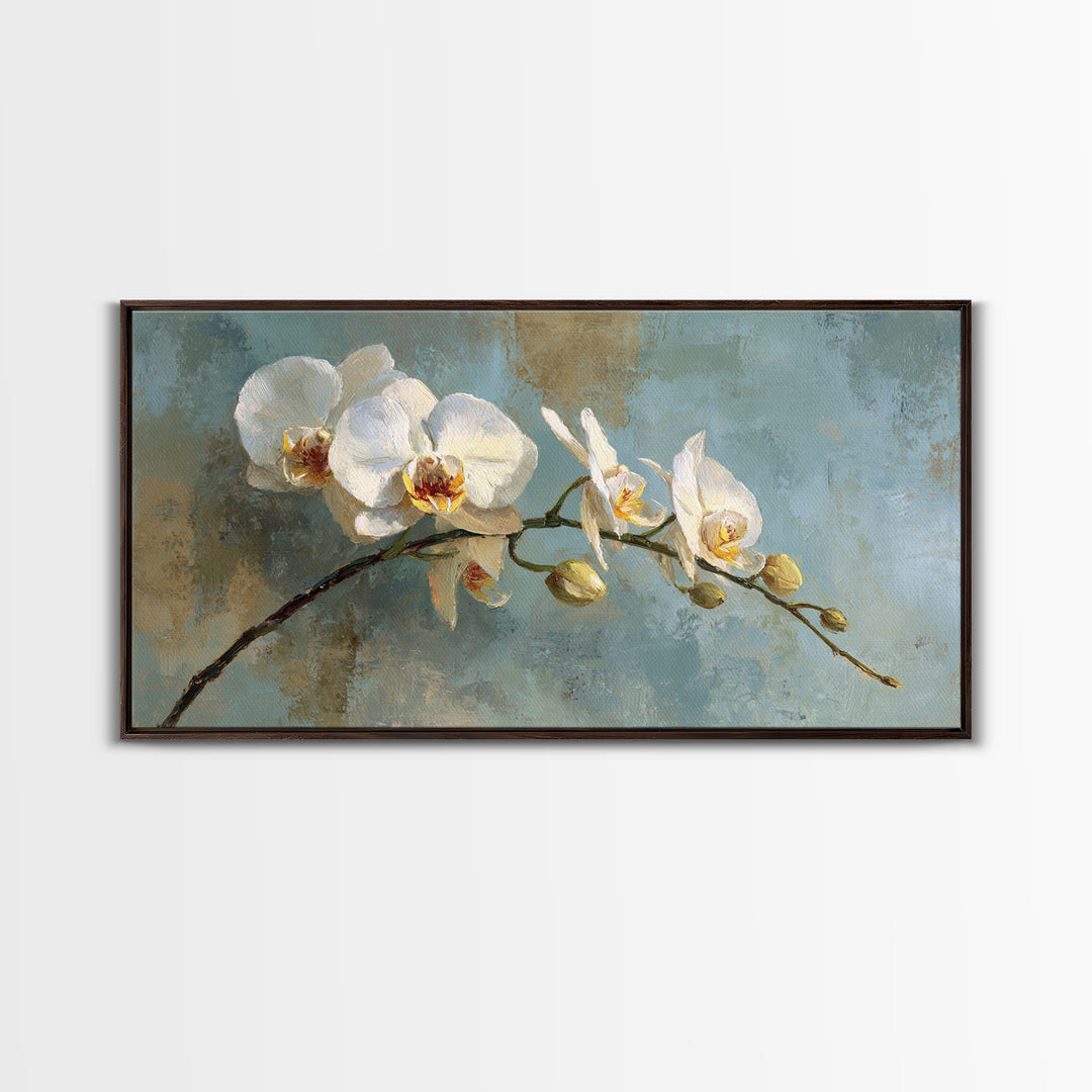 White Orchid on Warm Stone Background Framed Canvas Print, Bathroom Art, Textured Painting, Bathroom Decor, Fine Art, Spa, BAT-2x1-24