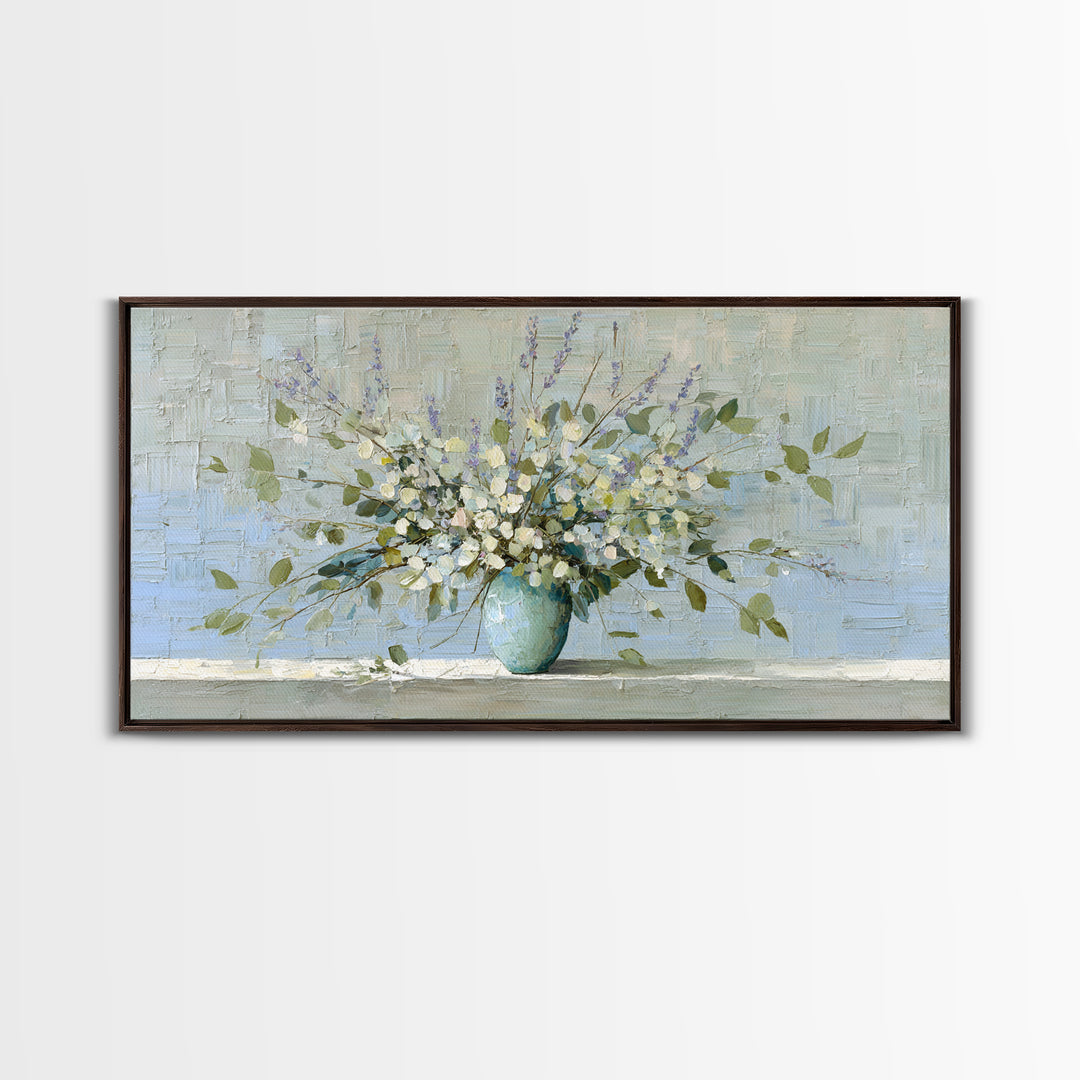 Lavender Sprigs in a Ceramic Vase Canvas Print, Bathroom Art, Minimalist Decor, Bathroom Decor, Oil Painting, Spa, Wall Hanging, BAT-2x1-32