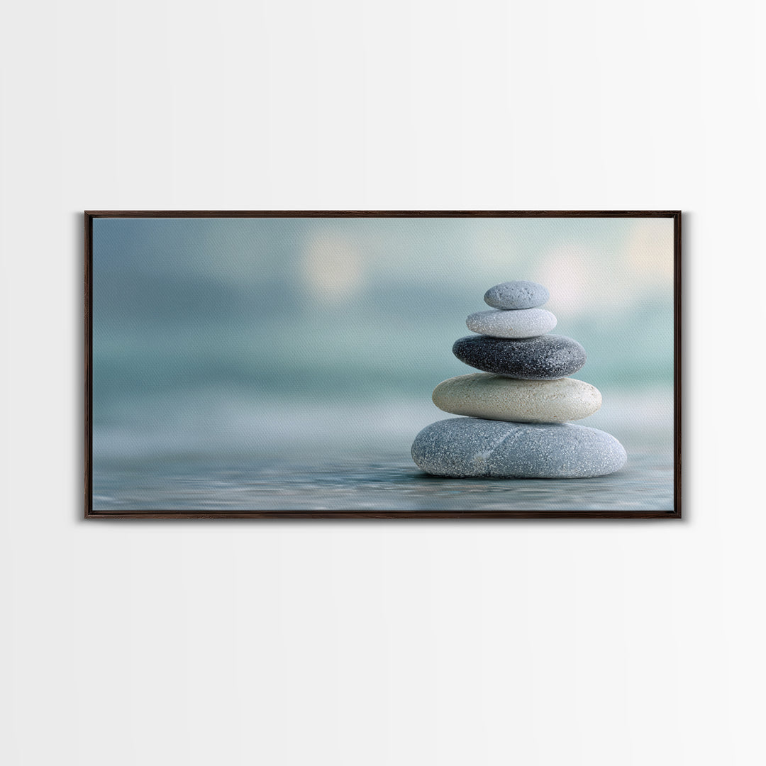 Monochrome Pebble Stack Framed Canvas Print, Bathroom Art, Statement Artwork, Bathroom Decor, Fine Art, Spa, Digital Art, BAT-2x1-33