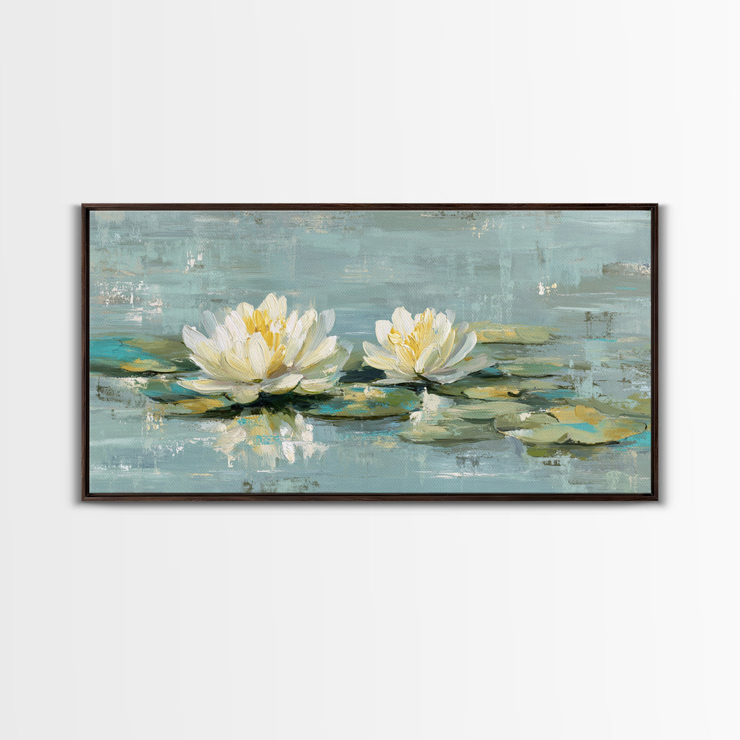 Lotus Flower Floating on Calm Water Framed Canvas Print, Bathroom Art, Wall Art, Bathroom Decor, Fine Art, Spa, Dog Portrait, BAT-2x1-40