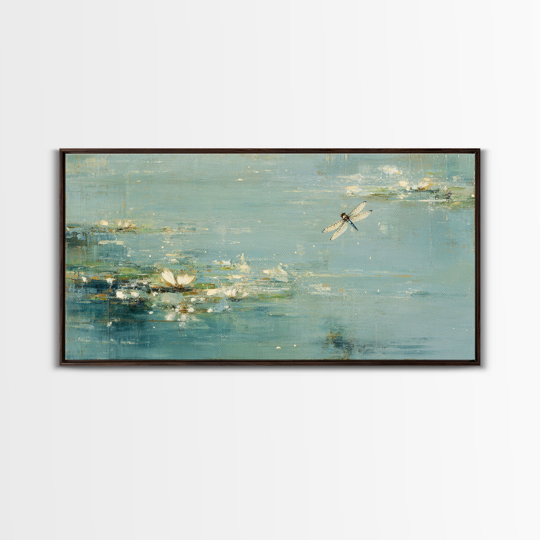 Delicate Dragonfly Above a Pond Surface Canvas Print, Bathroom Art, Room Decor, Bathroom Decor, Spa, Custom Pet Portrait, BAT-2x1-44