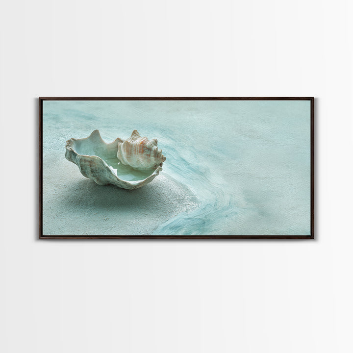 Minimal Seashell Still Life on Pale Sand Canvas Print, Bathroom Art, Bathroom Wall Art, Bathroom Decor, Oil Painting, Spa, BAT-2x1-47