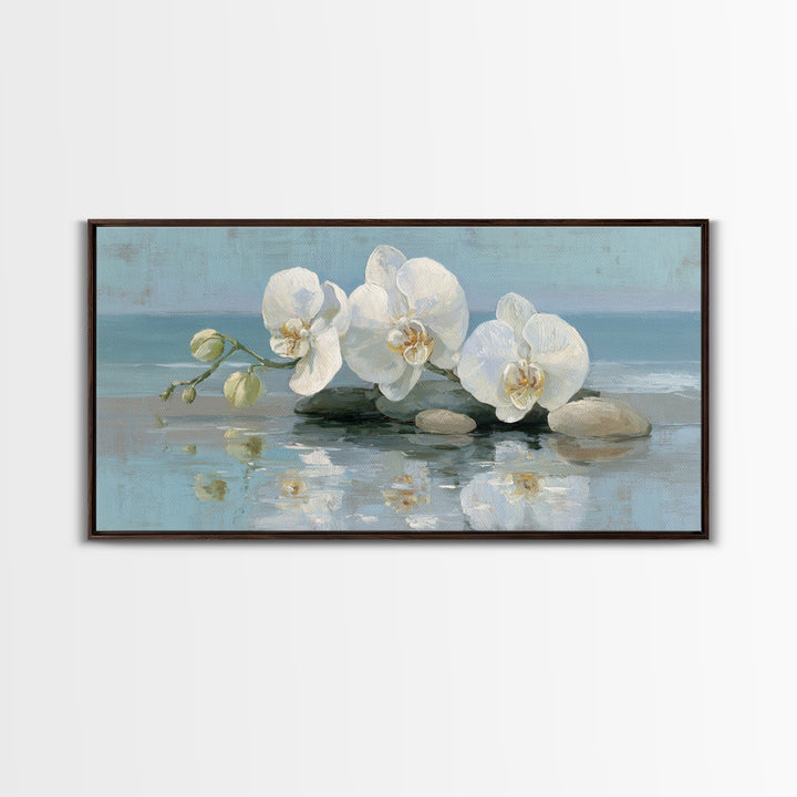 White Orchid on Warm Stone Background Canvas Print, Bathroom Art, Poster, Bathroom Decor, Fine Art, Spa, Digital Print, BAT-2x1-48
