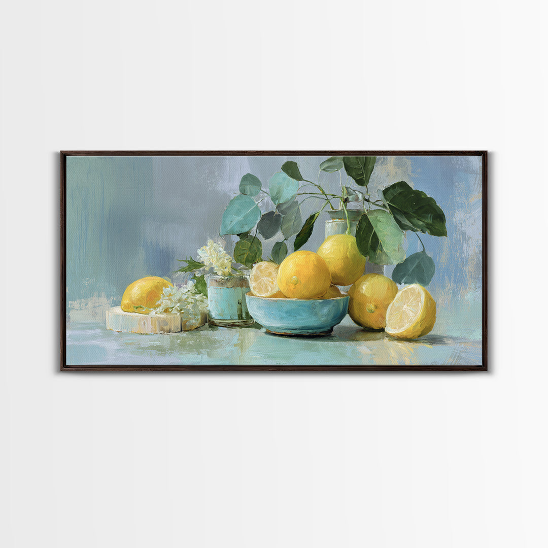Lemon and Botanical Still Life Framed Canvas Print, Bathroom Art, Luxury Decor, Bathroom Decor, Oil Painting, Spa, BAT-2x1-50