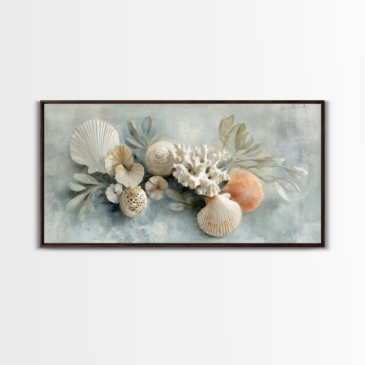 Coral and Shell Arrangement Framed Canvas Print, Bathroom Art, Wall Hanging, Bathroom Decor, Fine Art, Spa, Modern Art, BAT-2x1-55