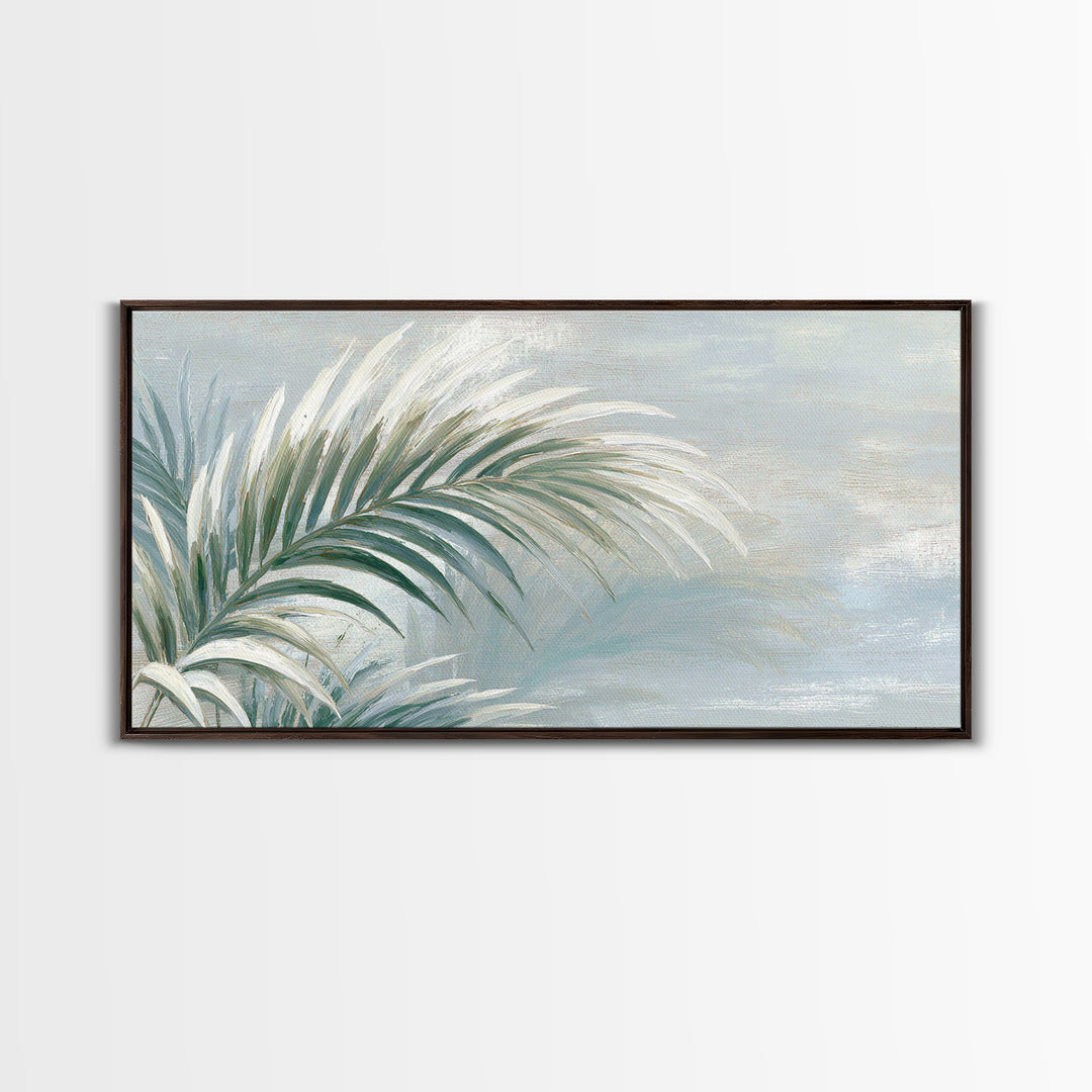 Simple Palm Frond on Off White Linen Framed Canvas Print, Bathroom Art, Minimalist Wall Art, Bathroom Decor, Fine Art, Spa, BAT-2x1-67