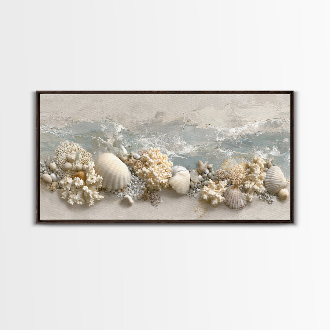 Coral and Shell Arrangement Framed Canvas Print, Bathroom Art, Contemporary Art, Bathroom Decor, Fine Art, Spa, Framed Wall Art, BAT-2x1-7